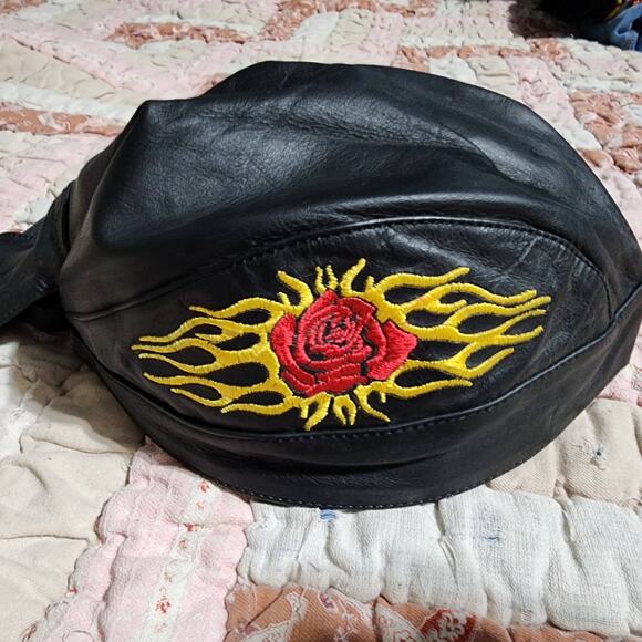 Leather SKULL Cap with Rose/Flames-Very Nice - Picture 3 of 6